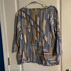 ✨Ruby Rd. NWOT 3/4 Sleeve Tan, Blue & White Blouse Chevon Stripe Studded Top ✨